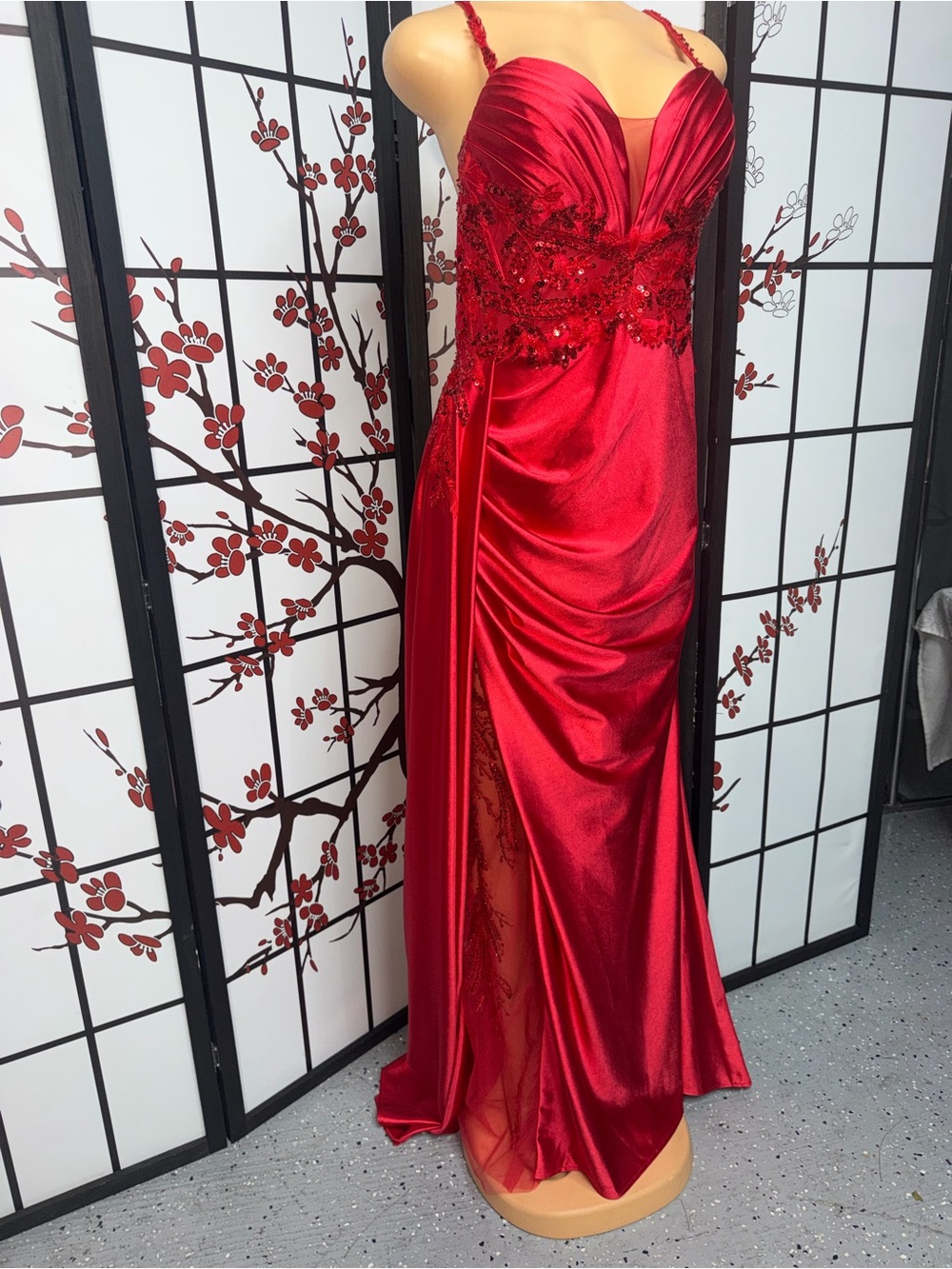 Red Satin Prom Dress with Beaded Lace Bodice